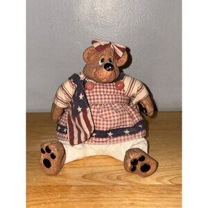 Rustic Americana Russ Berrie Ross Bear Figurine With Patriotic Outfit & Bow